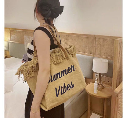 Letter Embroidered Fringed Trim Tote Bag SpreePicky