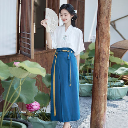 Elbow-Sleeve V-Neck Embroidered Blouse / High Rise Midi Skirt SpreePicky