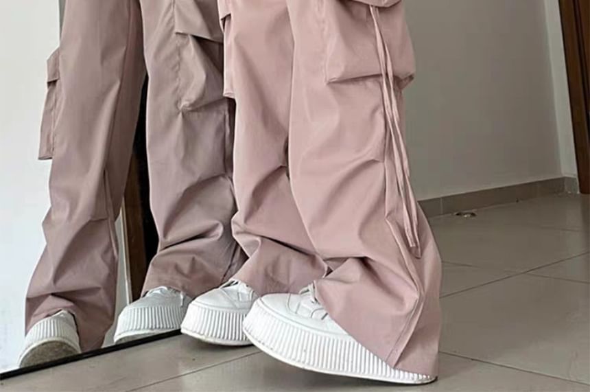 Mid Rise Plain Drawstring Cargo Baggy Pants SpreePicky