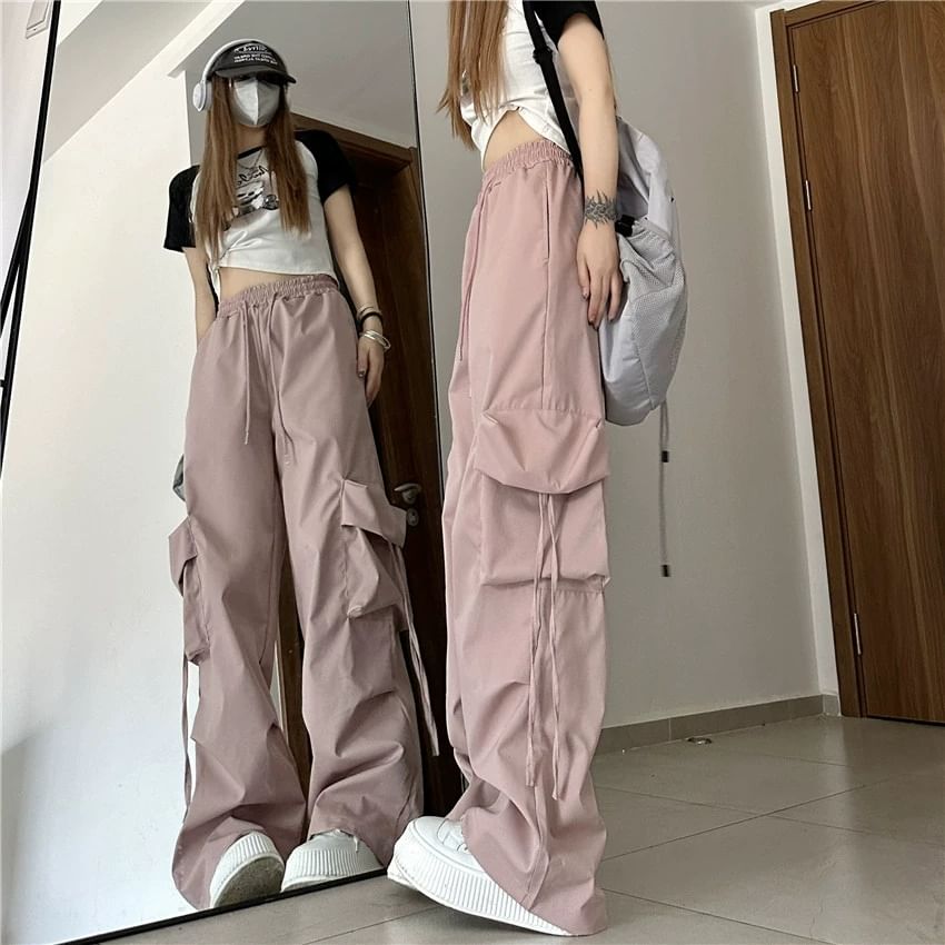 Mid Rise Plain Drawstring Cargo Baggy Pants SpreePicky