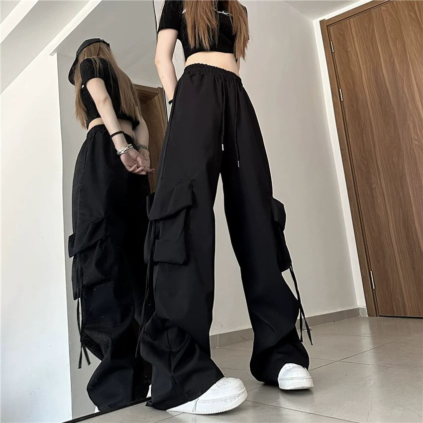 Mid Rise Plain Drawstring Cargo Baggy Pants SpreePicky