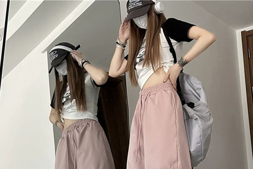 Mid Rise Plain Drawstring Cargo Baggy Pants SpreePicky