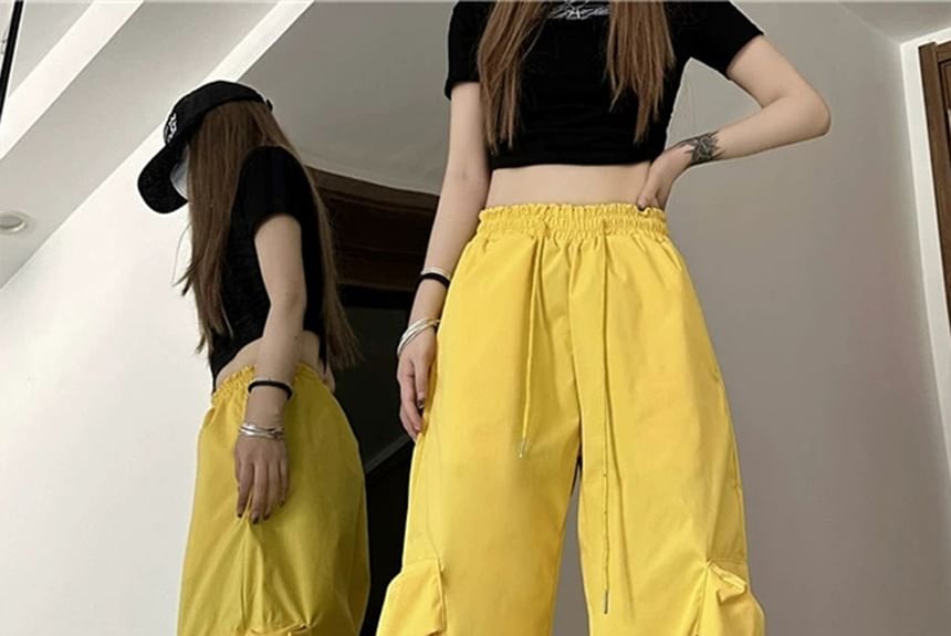 Mid Rise Plain Drawstring Cargo Baggy Pants SpreePicky