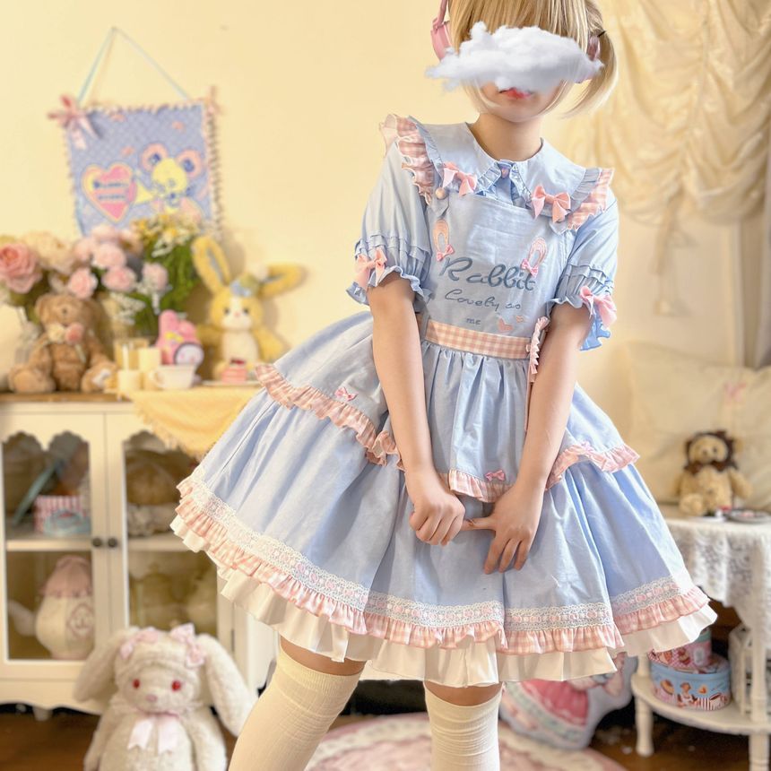 Puff-Sleeve Rabbit Ear Collar Heart Applique Gingham Ruffle Blouse SpreePicky