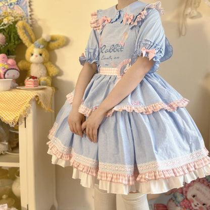 Puff-Sleeve Rabbit Ear Collar Heart Applique Gingham Ruffle Blouse SpreePicky