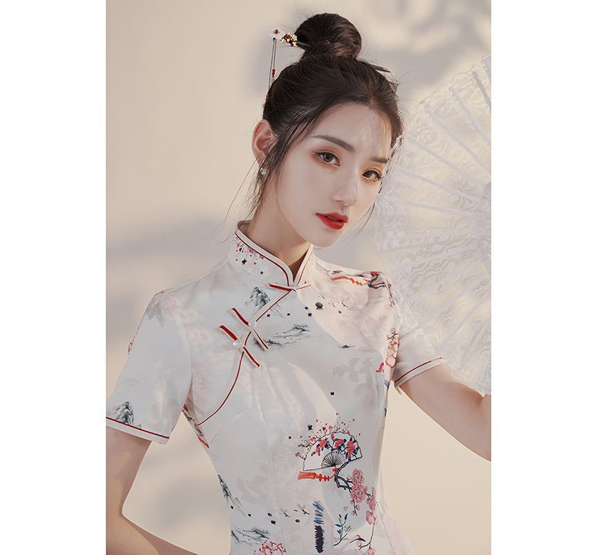 Short-Sleeve Crane Mini Qipao SpreePicky