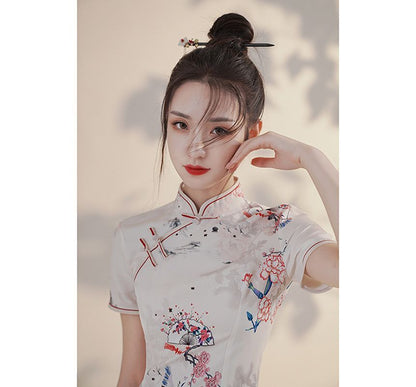 Short-Sleeve Crane Mini Qipao SpreePicky