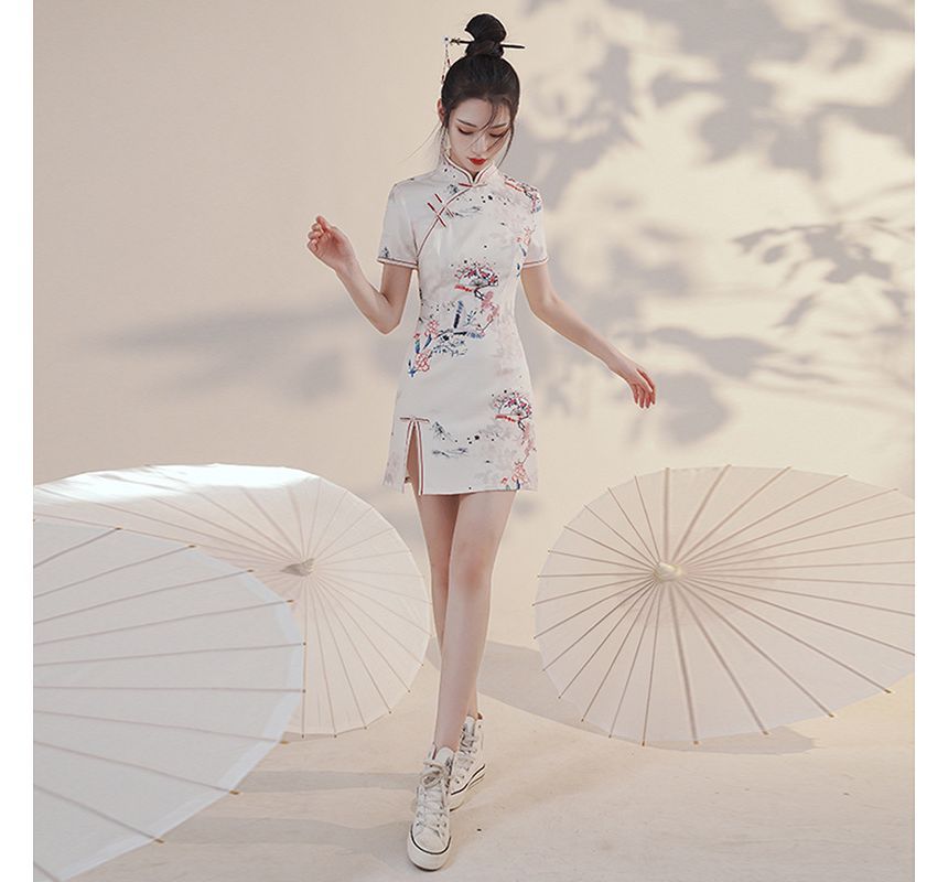 Short-Sleeve Crane Mini Qipao SpreePicky