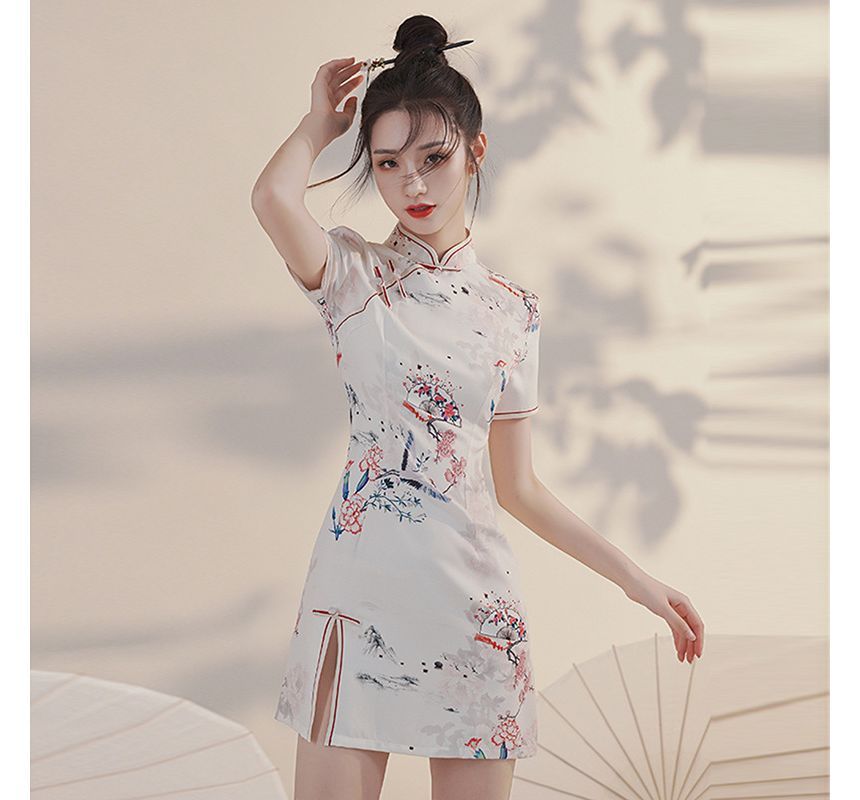 Short-Sleeve Crane Mini Qipao SpreePicky