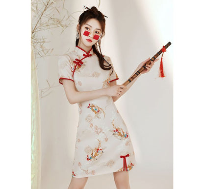 Short-Sleeve Deer Print Mini Qipao SpreePicky