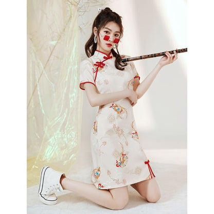 Short-Sleeve Deer Print Mini Qipao SpreePicky