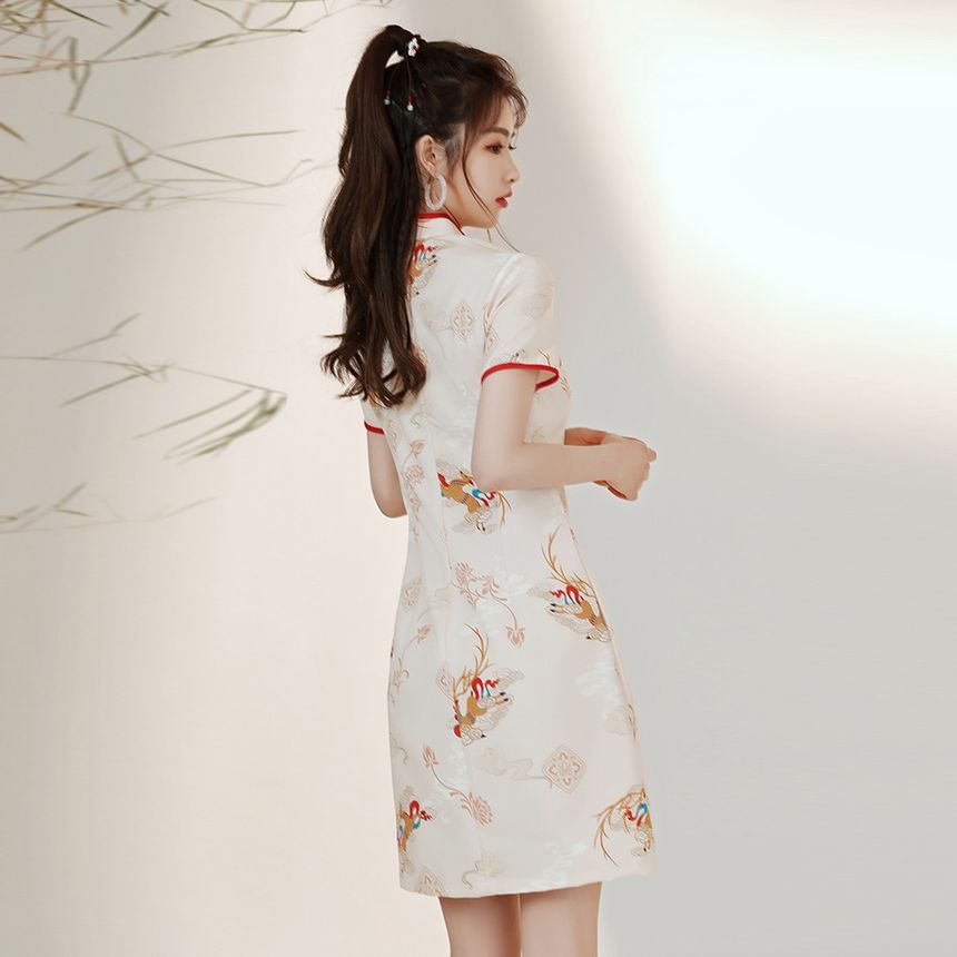 Short-Sleeve Deer Print Mini Qipao SpreePicky