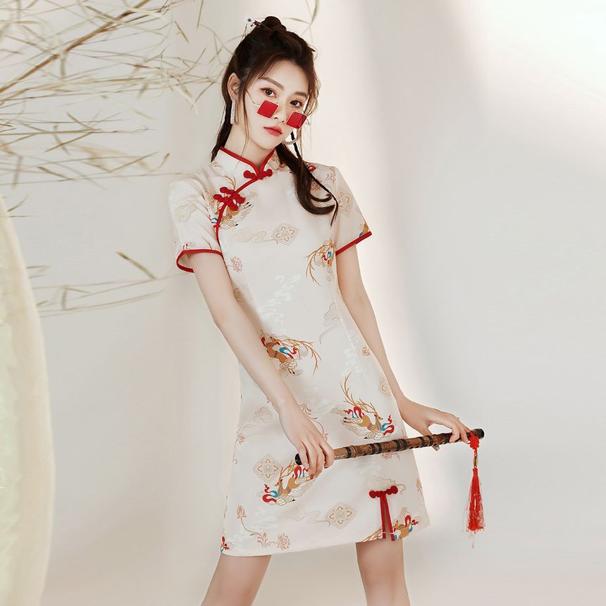 Short-Sleeve Deer Print Mini Qipao SpreePicky