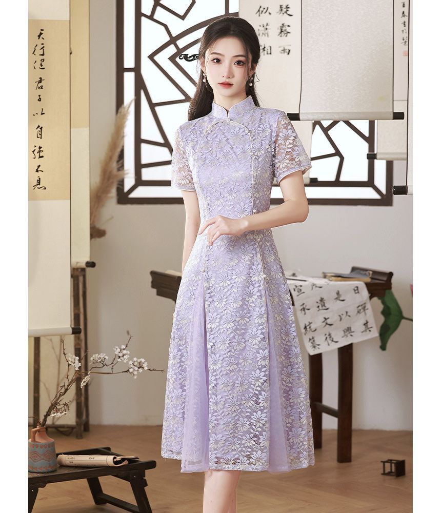 Short-Sleeve Floral Midi Qipao SpreePicky