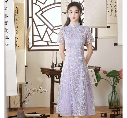 Short-Sleeve Floral Midi Qipao SpreePicky