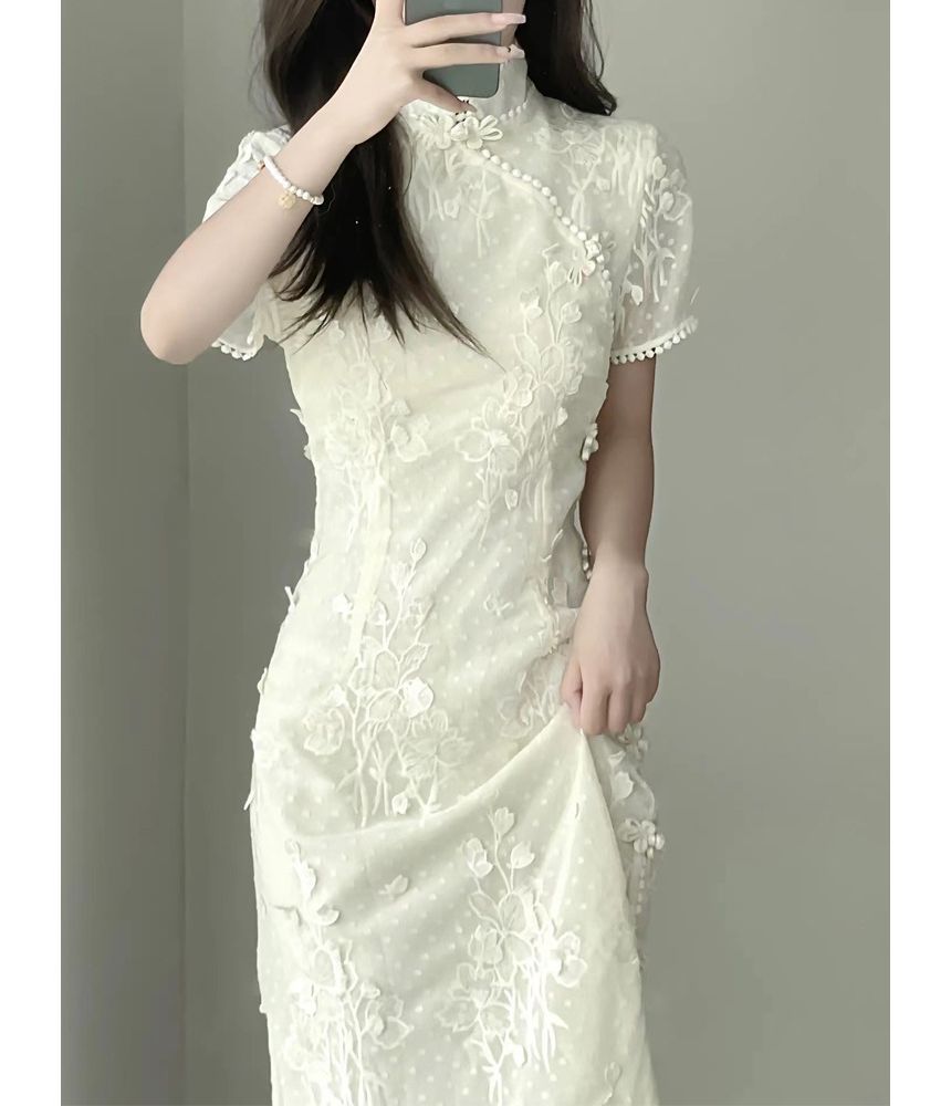 Short-Sleeve Floral Lace Qipao SpreePicky