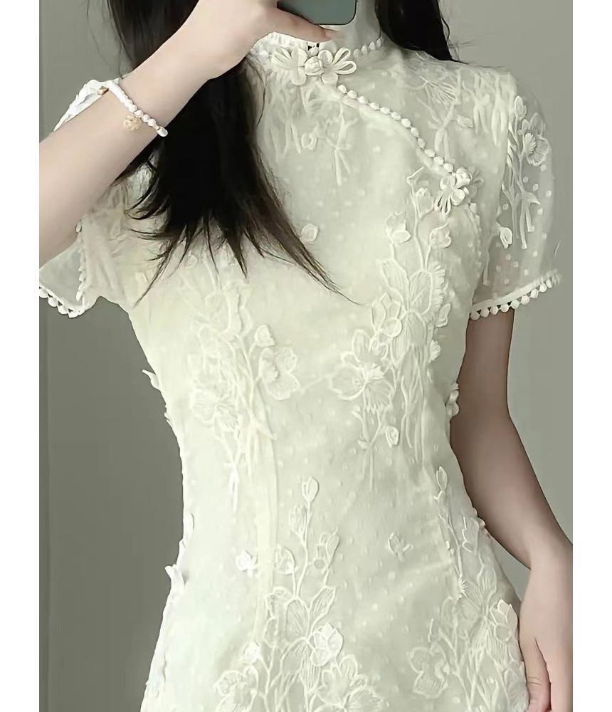 Short-Sleeve Floral Lace Qipao SpreePicky