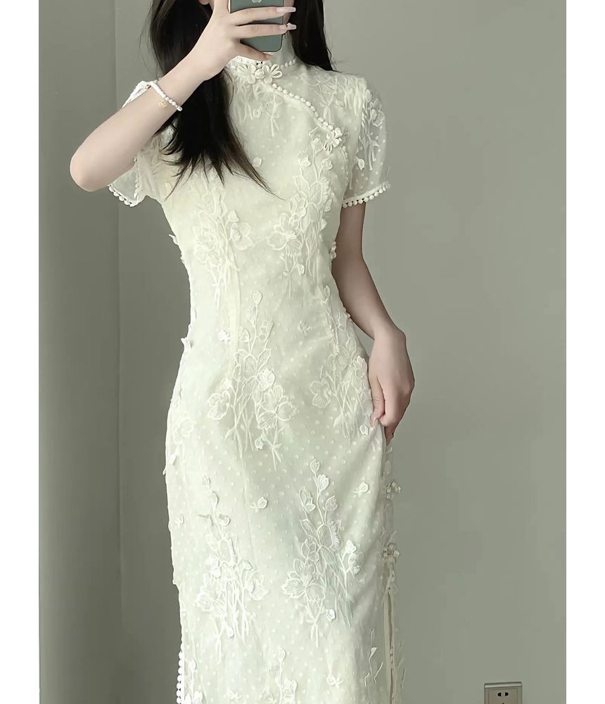 Short-Sleeve Floral Lace Qipao SpreePicky