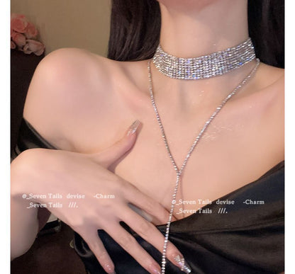 Rhinestone Layered Choker Necklace SpreePicky