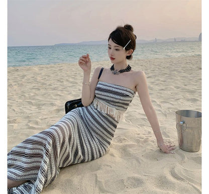 Set: Striped Tube Top + Mid Waist Maxi Pencil Skirt SpreePicky