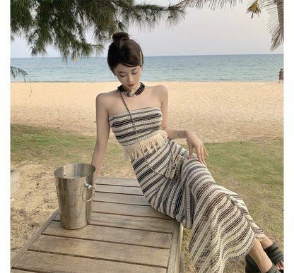 Set: Striped Tube Top + Mid Waist Maxi Pencil Skirt SpreePicky