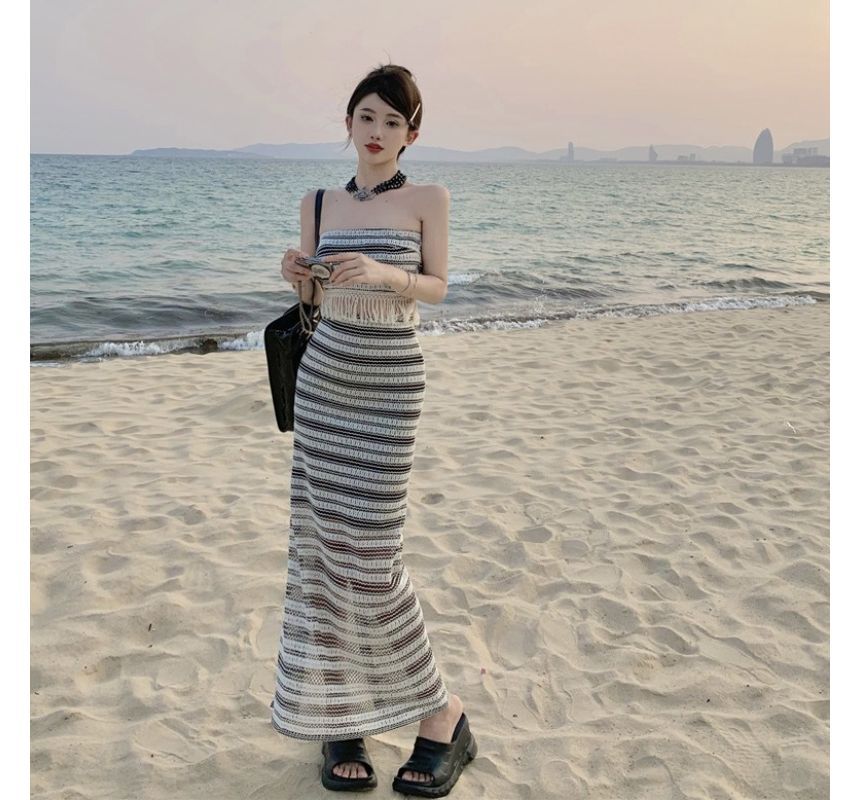 Set: Striped Tube Top + Mid Waist Maxi Pencil Skirt SpreePicky