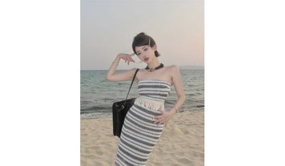 Set: Striped Tube Top + Mid Waist Maxi Pencil Skirt SpreePicky