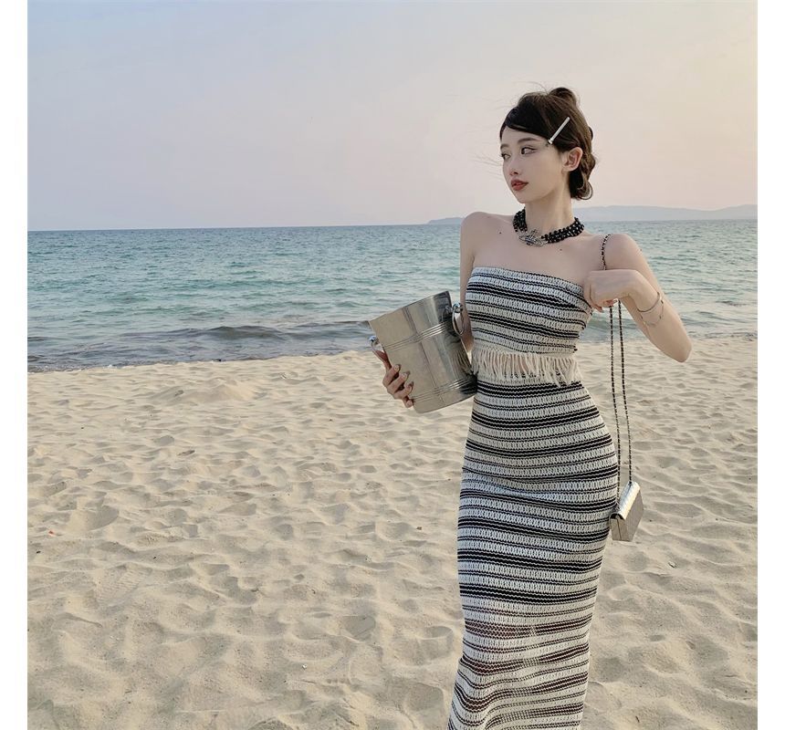 Set: Striped Tube Top + Mid Waist Maxi Pencil Skirt SpreePicky