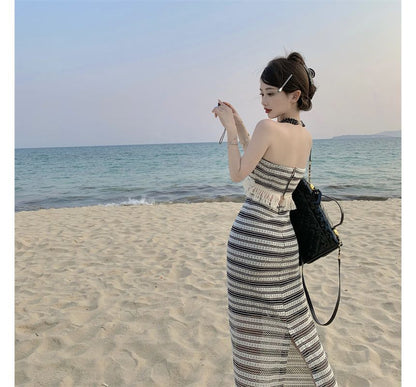 Set: Striped Tube Top + Mid Waist Maxi Pencil Skirt SpreePicky