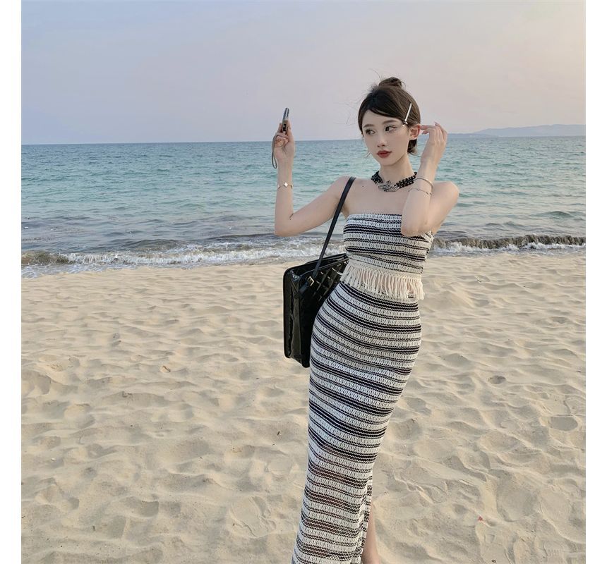 Set: Striped Tube Top + Mid Waist Maxi Pencil Skirt SpreePicky