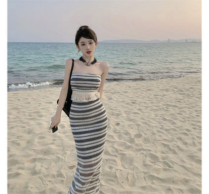 Set: Striped Tube Top + Mid Waist Maxi Pencil Skirt SpreePicky