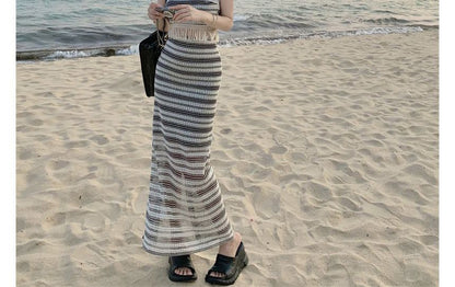 Set: Striped Tube Top + Mid Waist Maxi Pencil Skirt SpreePicky