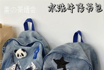 Star Applique Washed Paneled Denim Backpack SpreePicky