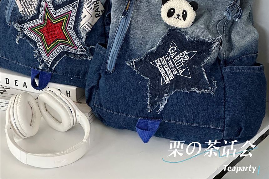 Star Applique Washed Paneled Denim Backpack SpreePicky