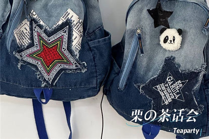 Star Applique Washed Paneled Denim Backpack SpreePicky