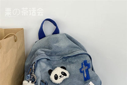 Star Applique Washed Paneled Denim Backpack SpreePicky