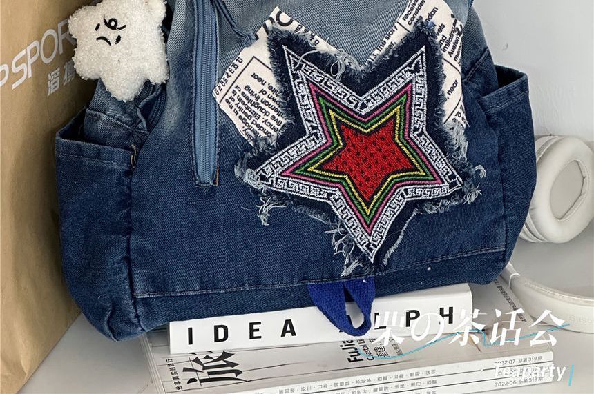 Star Applique Washed Paneled Denim Backpack SpreePicky