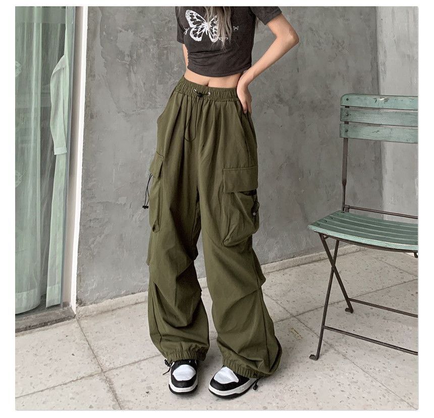 Leg Waist Cargo Pants Drawstring Plain Wide FashionChic