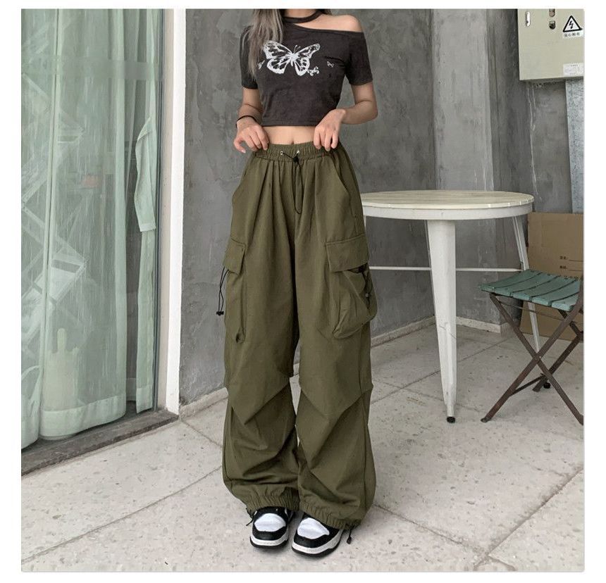 Leg Waist Cargo Pants Drawstring Plain Wide FashionChic