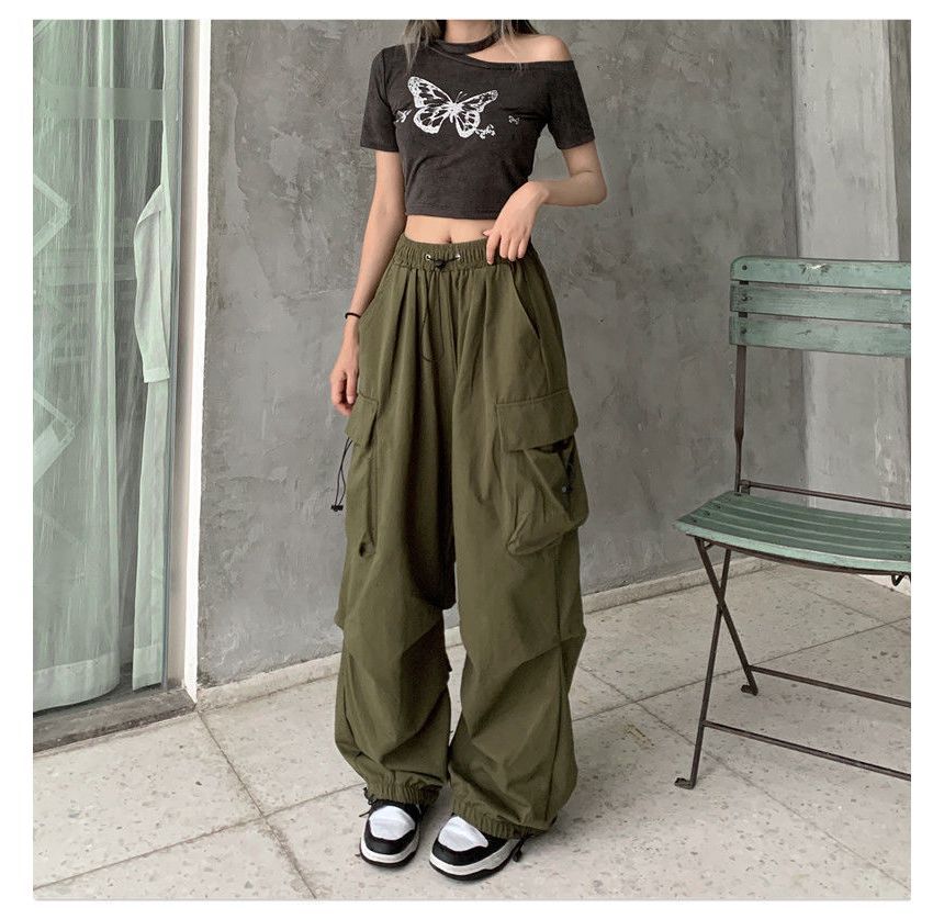 Leg Waist Cargo Pants Drawstring Plain Wide FashionChic
