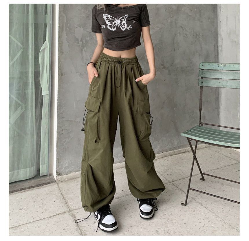 Leg Waist Cargo Pants Drawstring Plain Wide FashionChic