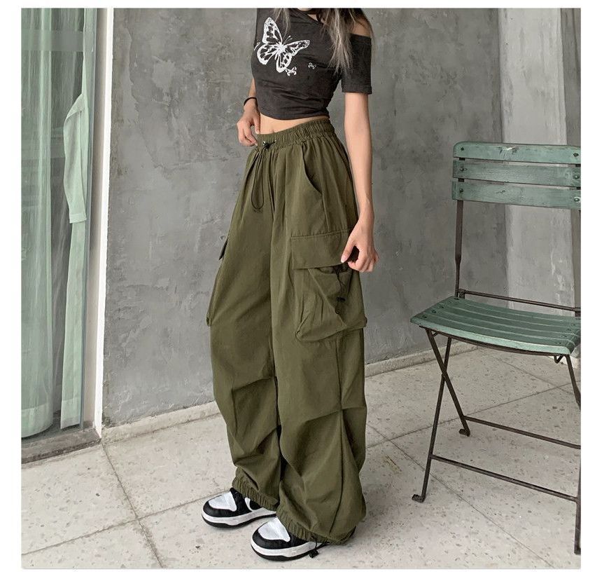 Leg Waist Cargo Pants Drawstring Plain Wide FashionChic