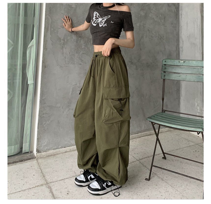 Leg Waist Cargo Pants Drawstring Plain Wide FashionChic