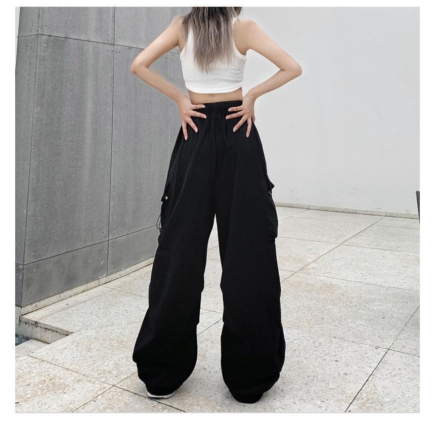 Leg Waist Cargo Pants Drawstring Plain Wide FashionChic