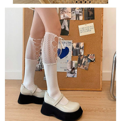 Lace Panel Tie Front Plain Socks SpreePicky