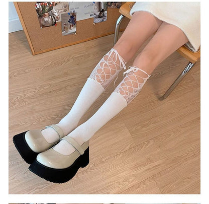 Lace Panel Tie Front Plain Socks SpreePicky