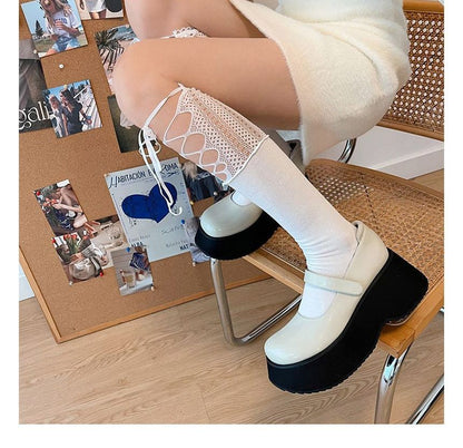 Lace Panel Tie Front Plain Socks SpreePicky