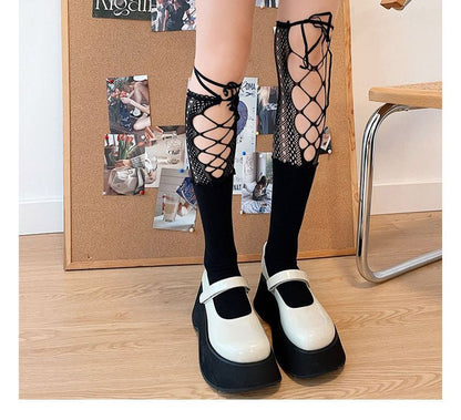 Lace Panel Tie Front Plain Socks SpreePicky