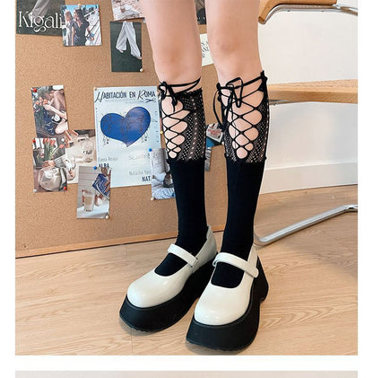 Lace Panel Tie Front Plain Socks SpreePicky