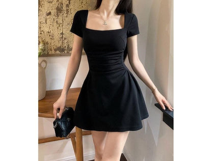 Short-Sleeve Square Neck Plain Ruched Mini A-Line Dress mySite